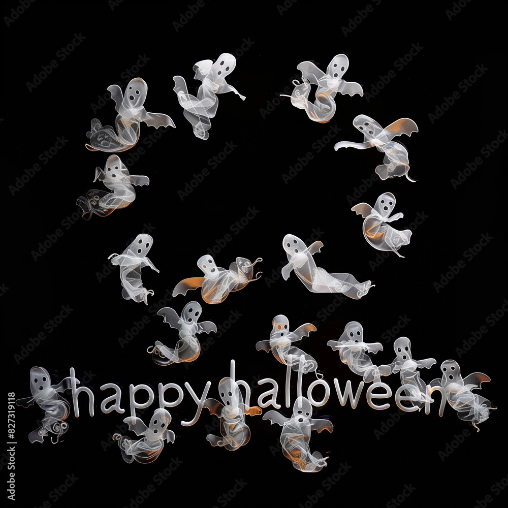 Fototapete The words Happy Halloween flying floating spooky ghost 3d October design ghostly white text typography shop October quote greeting message isolated plain black background fun square haunted banner
