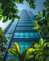 Ecofriendly building in the modern city Sustainable glass office building with tree for reducing heat and carbon dioxide Office building with green environment Corporate building r