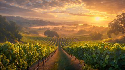 Naklejka premium Golden Vineyard at Sunrise: A Tranquil Landscape