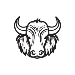 Buffalo head black and white illustration on white background.