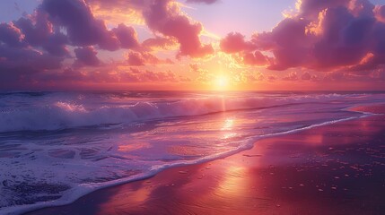 summer sunset overtranquil beach, with the sky in soft fluffy hues of orange and purple