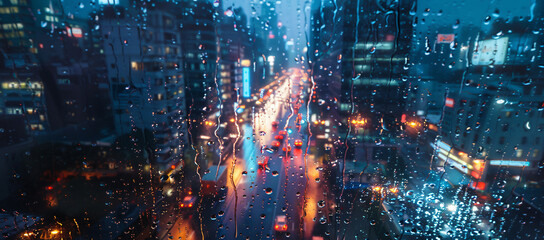 photograph of rainy night city view from glass window