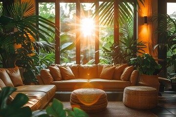 Obraz premium Cozy Sunlit Living Room with Tropical Plants and Warm Earth-Toned Furniture - Nature-Inspired Interior Design