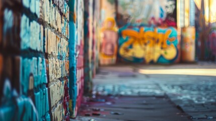 Fototapeta premium Colorful urban graffiti art in run-down city area with blurred background and copy space