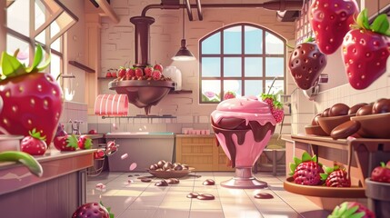 Playful cartoon chocolate-dipped strawberry factory with juicy treats and skilled staff