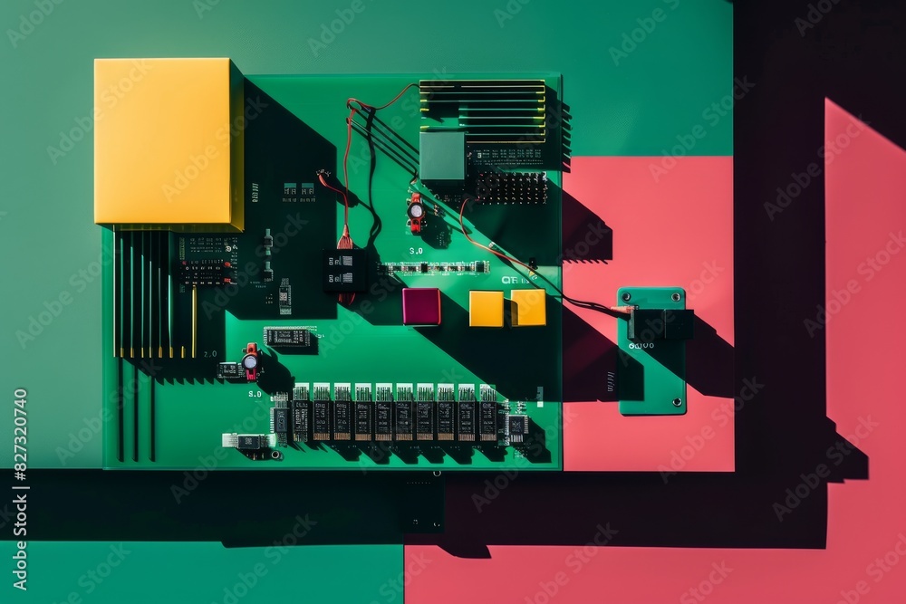 Poster Modern circuit board design featuring colorful components and geometric shadows, blending technology with artistic elements in a vibrant composition.
