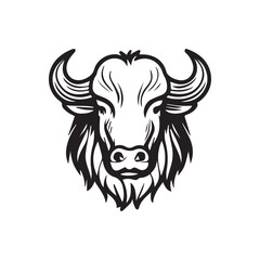 Buffalo head black and white illustration on white background.