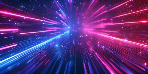 Fototapeta premium Futuristic data stream with vibrant blue and red light trails in a digital matrix environment. Vivid light trails in a digital cyber grid with glowing blue and red hues creating a dynamic visual effe 