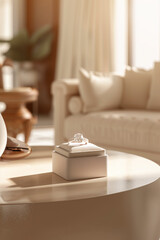 A delicate wedding ring inside a small box, resting on a table's surface.