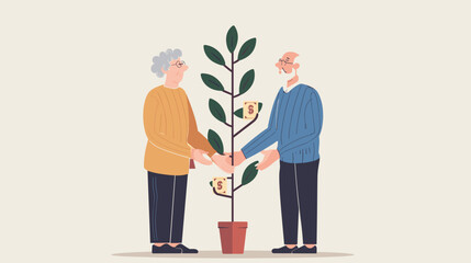 Elderly Couple Nurturing Money Tree Together, Symbolizing Financial Growth and Green Investment