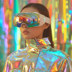 A female model wearing minimalistic augmented glasses and Iridescent jacket