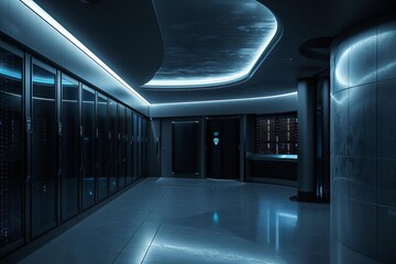 A futuristic data center with rows of servers and a glowing blue ceiling.