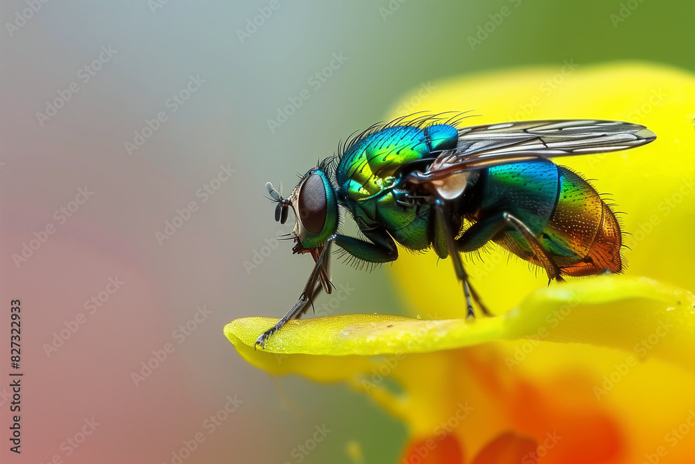 Canvas Prints AI generated illustration of a green fly perched on a yellow flower