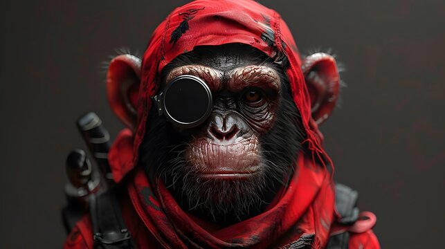 A monkey wearing a red hoodie and holding two swords. The monkey has a menacing look on its face