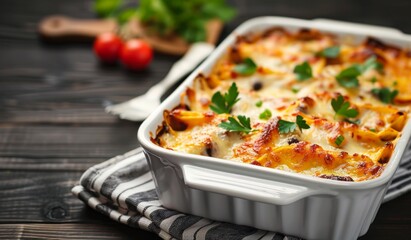 Delicious homemade lasagna in white baking dish on wooden table