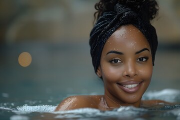Fototapeta premium Relaxed Woman in Pool with Black Headwrap Enjoying Spa Experience - Close-Up Portrait for Wellness and Beauty Concepts