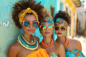 Vibrant Fashion Portrait of Three Diverse Women in Colorful Clothing and Stylish Accessories