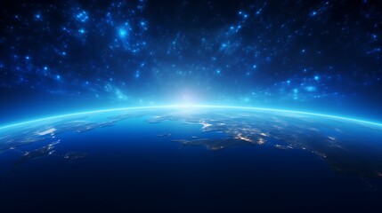 Nightly planet Earth in dark outer space.Illuminated Earth in Dark Blue Space