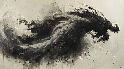 Fototapeta premium Abstract ink illustration of a dragon black and white background