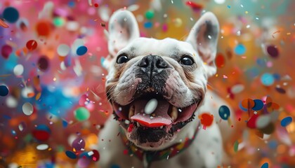 Bulldog celebrating with confetti, joyful and festive