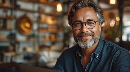 mature boss inside office with laptop successful and satisfied investor manager looking at camera and smiling man in glasses