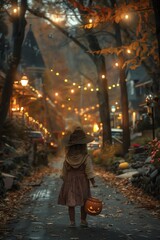 Child in a hat with a pumpkin bucket, walking through a decorated neighborhood at dusk, trickortreating