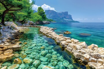Scenic Coastal Pathway with Clear Turquoise Waters and Rocky Shoreline, Ideal for Summer Vacation...