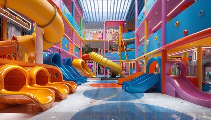 Colorful indoor playground with slides and climbing structures, vibrant setting