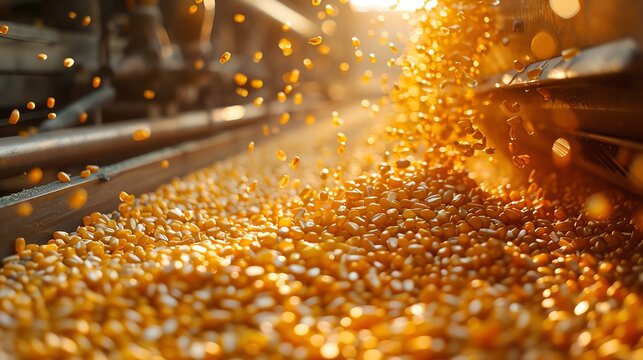 Corn kernels pouring into a processing machine, closeup shot with warm lighting