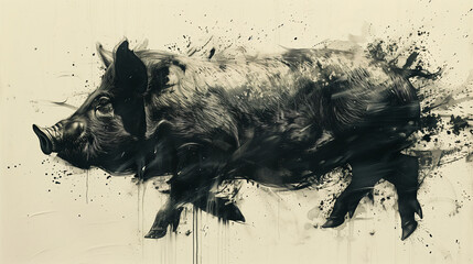 Abstract ink illustration of a pig black and white background