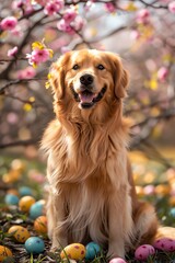 Golden retriever surrounded by colorful Easter eggs in a blooming orchard, sunny day