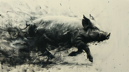 Abstract ink illustration of a pig black and white background
