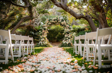 A dreamy garden wedding ceremony decor featuring an arch adorned with delicate white and pink flowers