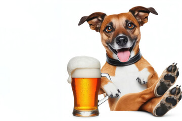 funny dog hold glass of cold beer is resting Isolated on white background