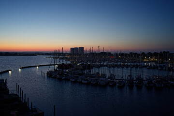 Scenic view of Burgtiefe marina at sunset, Fehmarn Island, Germany, from Utkieker observation tower.