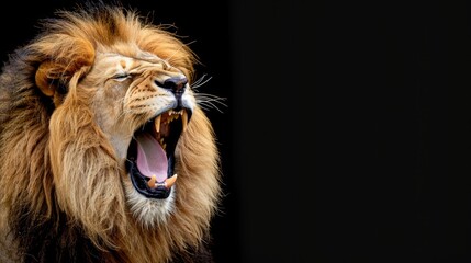 Majestic lion roaring in profile against a black background © volga