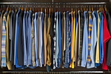 Variety of stylish clothes hanging neatly in an orderly fashion inside a spacious wardrobe closet
