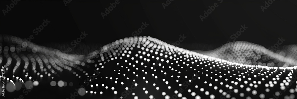 Poster black background with white dots and lines in the shape of an wave, black and white abstract waves w