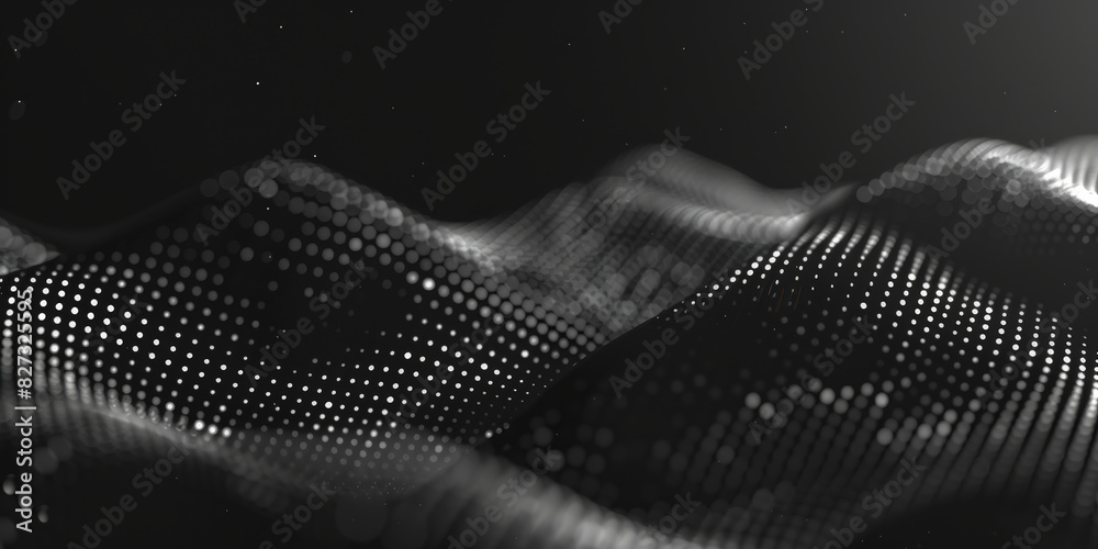 Poster black background with white dots and lines in the shape of an wave, black and white abstract waves w