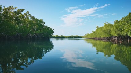 A tranquil lagoon, encircled by lush mangroves, has calm, mirror-like waters reflecting serene beauty.