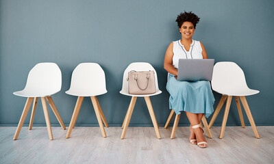Woman, portrait and laptop or job interview waiting for recruitment hiring, human resources or...