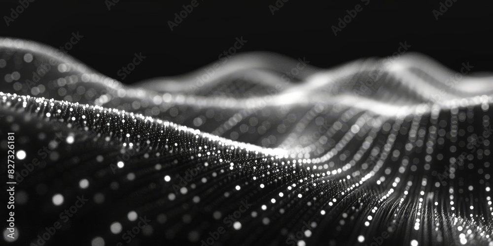 Poster black background with white dots and lines in the shape of an wave, black and white abstract waves w