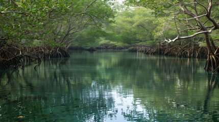 A tranquil lagoon, framed by dense mangroves, reflects calm waters, blue sky, and green foliage, creating serenity.