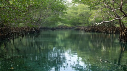 Obraz premium A tranquil lagoon, framed by dense mangroves, reflects calm waters, blue sky, and green foliage, creating serenity.