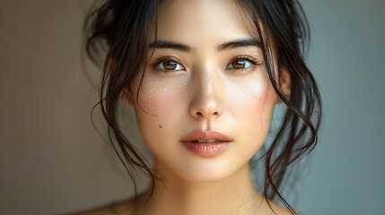 Naklejka premium beautiful young asian woman with clean fresh skin on brown background face care facial treatment