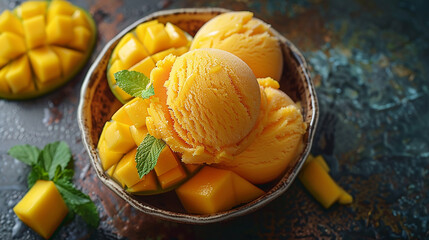 Wide banner photo of delicious scoop of yellow cream color mango ice cream sorbet on a icecream cup with fruits and pieces around in white background