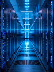A long, blue-lit hallway with rows of server racks on either side
