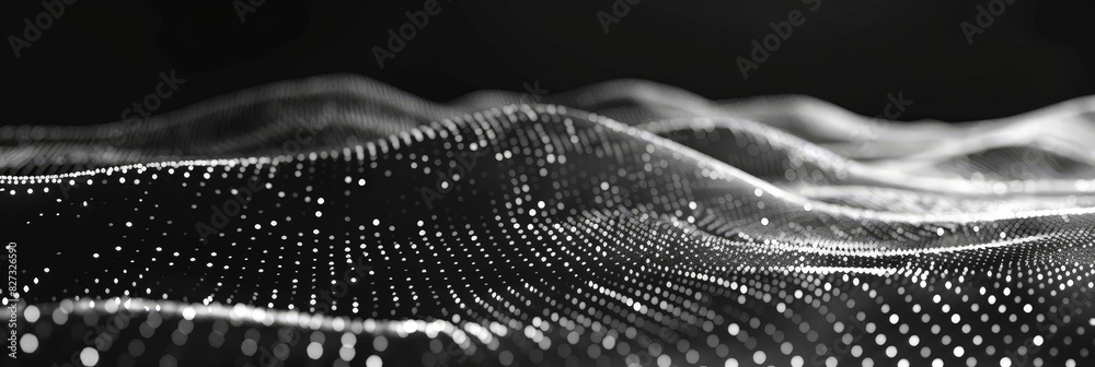 Poster black background with white dots and lines in the shape of an wave, black and white abstract waves w