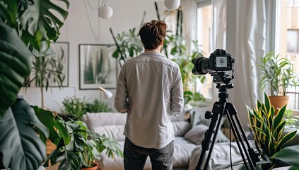 Photographer Setting Up in Plant-Filled Room