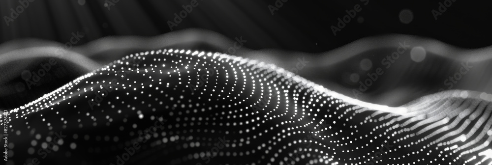 Poster black background with white dots and lines in the shape of an wave, black and white abstract waves w